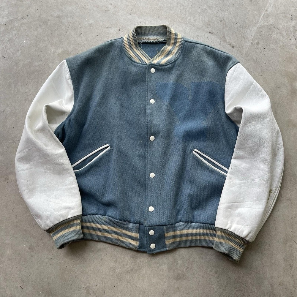 Vintage 60s Butwin Varsity Jacket Mens XL White Baby‎ Blue Wool Leather Bomber